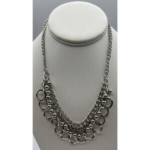 Jewelry Necklace Silver Tone 3 Layer Circles Beads Chains 6" Cable Chain